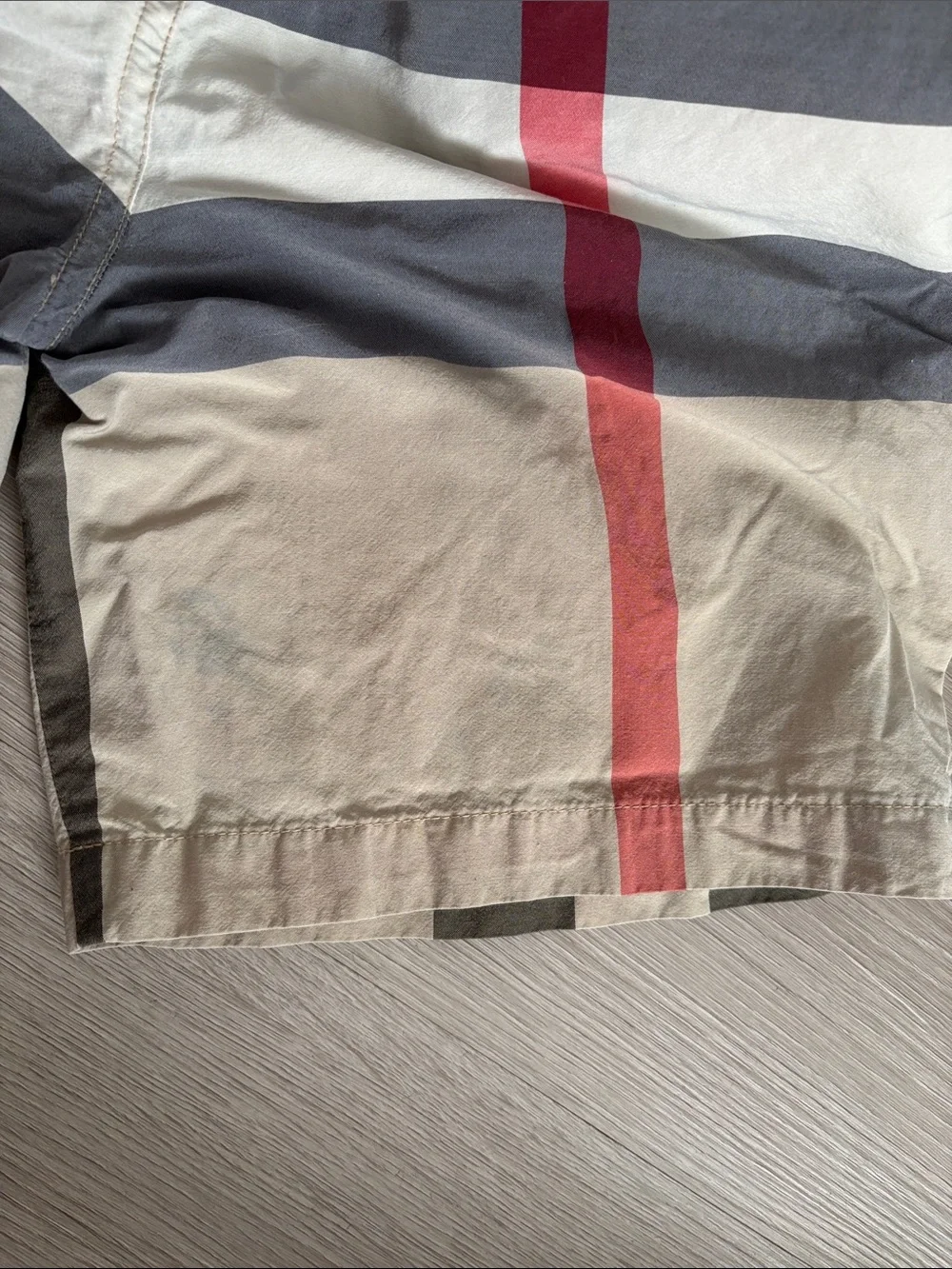 Burberry Men’s Check Swim Trunks in Beige, Gray & Red